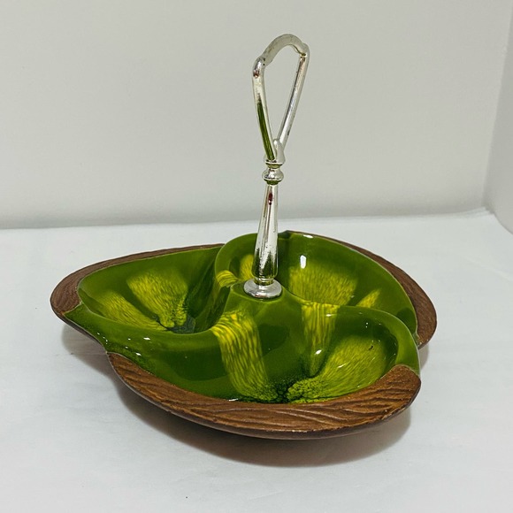 Green Sequoia Craft Center Handle Tidbit Snack Tray California Pottery #618 USA - Picture 7 of 9